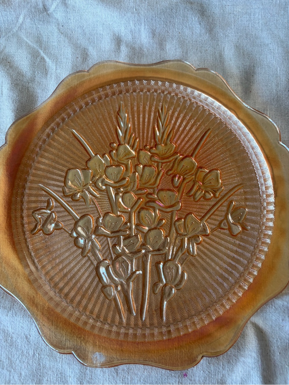 Posh Amber Carnival Glass Floral Serving Plate